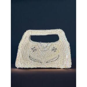 Vintage Debbie Sequined, Beaded And Pearled Small Purse in ivory, flap snap